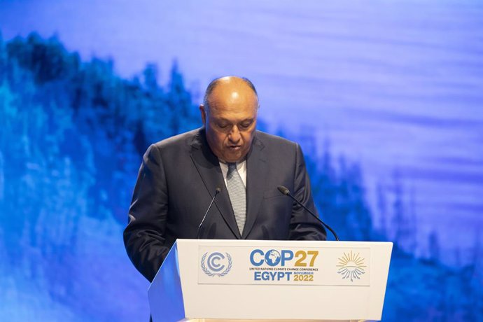 11 November 2022, Egypt, Sharm El-Sheikh: Egypt's Minister of Foreign Affairs Sameh Shoukry speaks during the Accelerating Mitigation Ambition while Ensuring Energy Security Special Event as part of the 2022 United Nations Climate Change Conference COP2