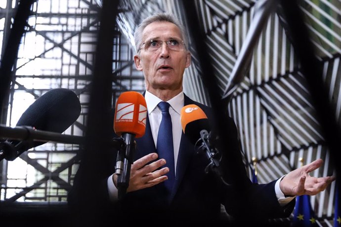 HANDOUT - 15 December 2022, Belgium, Brussels: Jens Stoltenberg, Secretary General of NATO, speaks to media upon arrival to attend a meeting of the EU Defence Ministers. Photo: Valeria Mongelli/ZUMA Press Wire/dpa