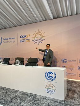 El presidente de la Junta de Andalucía, Juanma Moreno, este jueves en la sede de la COP27
