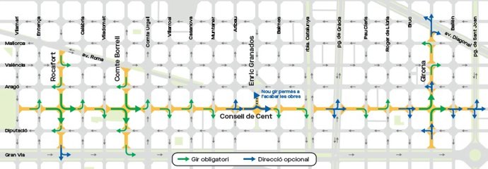Mapa de las afectaciones de movilidad en las calles donde se construirá la 'supermanzana' del Eixample de Barcelona.
