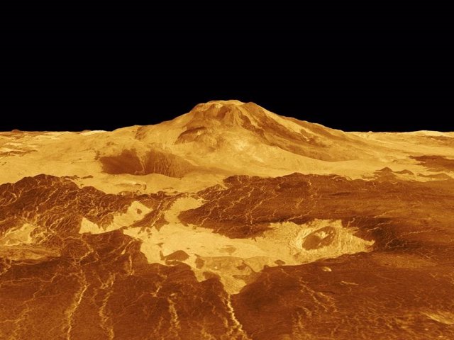 Maat Mons se muestra en esta perspectiva tridimensional generada por computadora de la superficie de Venus.