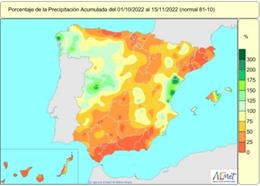 Las lluvias acumuladas en España entre el 1 de octubre y el 17 de noviembre de 2022 están un 33 por ciento por debajo de lo normal