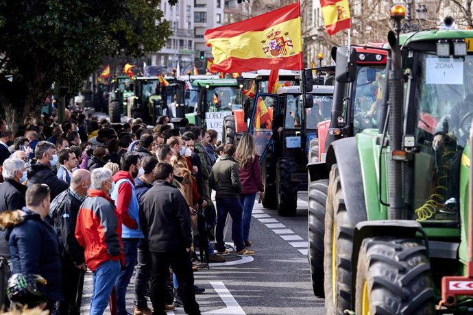 Archivo - Manifestantes y tractores, con pancartas y banderas de España, en una marcha  