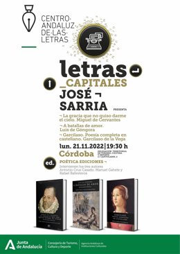 Cartel de la presentación de las antologías sobre Góngora, Garcilaso y Miguel de Cervantes.