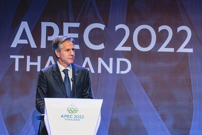 17 November 2022, Thailand, Bangkok: US Secretary of StateAntony Blinken speaks at a press conference during the the 2022 Asia-Pacific Economic Cooperation (APEC) Summit, at Queen Sirikit National Convention Centre (QSNCC). Photo: Varuth Pongsapipatt/SO