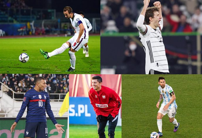 Algunos aspirantes a máximo goleador del Mundial 2022 (de izquierda a derecha y arriba abajo): Harry Kane (Inglaterra), Thomas Müller (Alemania), Kylian Mbappé (Francia), Robert Lewandowski (Polonia) y Leo Messi (Argentina).