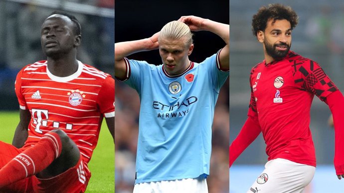 Los futbolistas Sadio Mané (Bayern de Múnich), Erling Haaland (Manchester City) y Mohamed Salah (Egipto).
