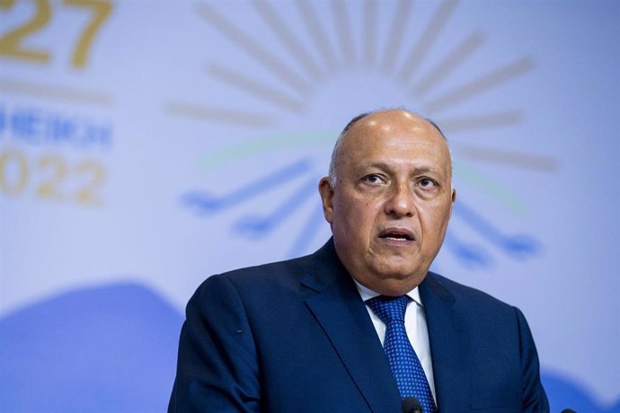 19 November 2022, Egypt, Sharm El-Sheikh: COP27 Presdient and Egyptian Foreign Minister Sameh Shoukry speaks at a press conference during the 2022 United Nations Climate Change Conference COP27. Photo: Christophe Gateau/dpa