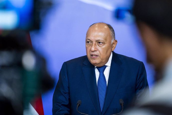 19 November 2022, Egypt, Sharm El-Sheikh: COP27 Presdient and Egyptian Foreign Minister Sameh Shoukry speaks at a press conference during the 2022 United Nations Climate Change Conference COP27. Photo: Christophe Gateau/dpa