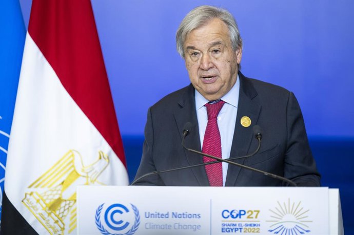 17 November 2022, Egypt, Sharm El-Sheikh: UN Secretary General Antonio Guterres speaks at a press conference with COP27 Presdient and Egyptian Foreign Minister Sameh Shoukry (Not Pictured) during the 2022 United Nations Climate Change Conference COP27. 