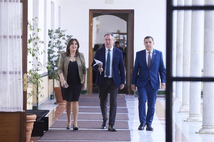 El secretario general del PSOE de Andalucía y presidente del Grupo Parlamentario Socialista, Juan Espadas, (2d) y la portavoz del Grupo Parlamentario Socialista, Ángeles Férriz, (i) en una foto de archivo.