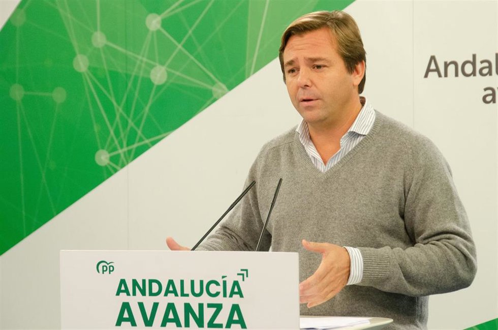 El secretario general del PP-A, Antonio Repullo, en rueda de prensa en la sede regional del partido