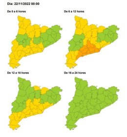 Imatge del mapa d'alerta per risc de vent fort a Catalunya
