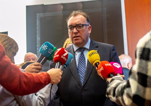 El consejero de Turismo, Cultura y Deporte, Arturo Bernal atiende a los medios durante el acto de presentación de la restauración de la obra 'Virgen con Niño', de Roque de Balduque a 21 de noviembre del 2022 en el Museo de Bellas Artes de Sevilla. 