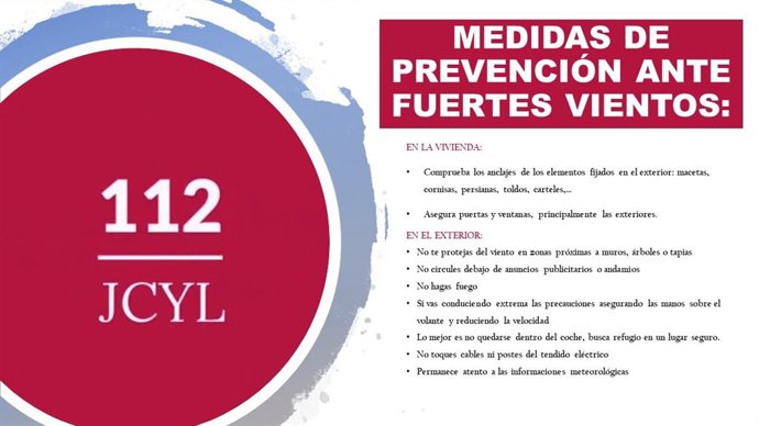 Gráfico elaborado por el 112 con consejos ante las fuertes rachas de viento previstas esta tarde en cinco provincias de CyL
