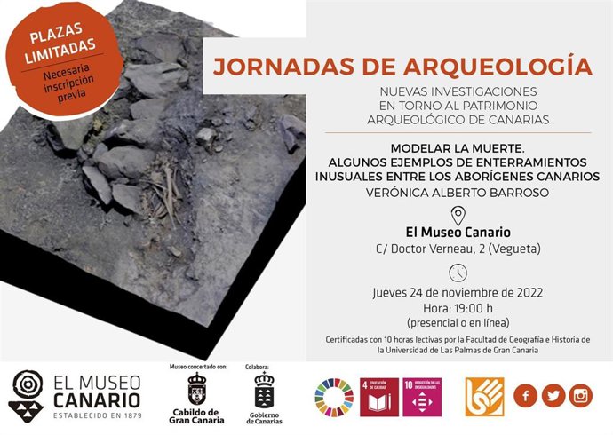 Cartel de la conferencia 'Modelar la muerte. Algunos ejemplos de enterramientos inusuales entre los aborígenes canarios'