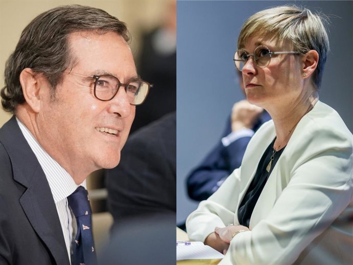 El presidente de la CEOE, Antonio Garamendi, y la vicepresidenta de Foment del Treball, Virginia Guinda, compiten este miércoles por la presidencia de la patronal.