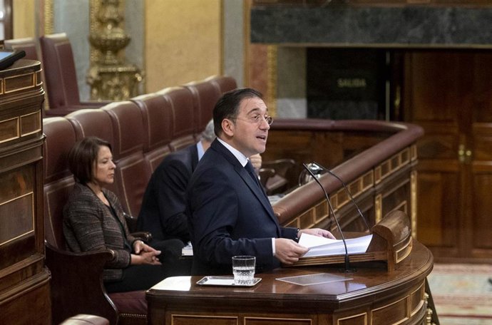 El ministro de Asuntos Exteriores, Unión Europea y Cooperación, José Manuel Albares, interviene durante una sesión plenaria en el Congreso de los Diputados