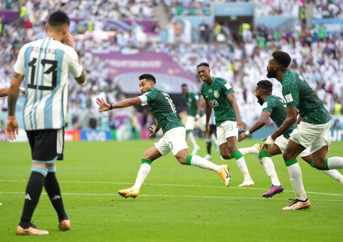 22 November 2022, Qatar, Lusail: Saudi Arabia's Salem Al-Dawsari celebrates scoring their side's second goal of the game during the FIFA World Cup Qatar 2022 Group C soccer match between Argentina and Saudi Arabia at the Lusail Stadium. Photo: Nick Pott