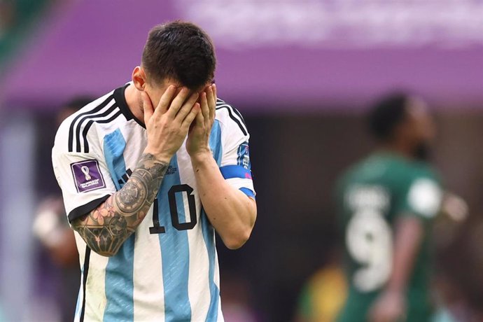 22 November 2022, Qatar, Lusail: Argentina's Lionel Messi reacts during the FIFA World Cup Qatar 2022 Group C soccer match between Argentina and Saudi Arabia at the Lusail Stadium. Photo: David Klein/CSM via ZUMA Press Wire/dpa