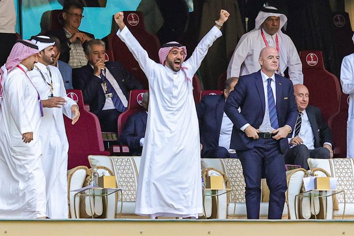 Saudi Crown Prince Mohammed bin Salman Al Saud celebrates the Saudi Arabia teams winning the match during the FIFA World Cup 2022, Group C football match between Argentina and Saudi Arabia on November 22, 2022 at Lusail Stadium in Al Daayen, Qatar - Pho