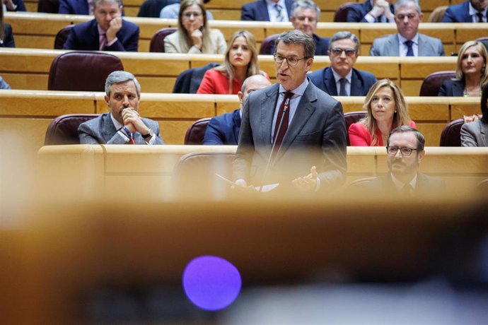 El líder del Partido Popular, Alberto Núñez Feijóo, interviene durante una sesión de control al Gobierno en el Senado, a 22 de noviembre de 2022, en Madrid (España). El PP intensifica su ofensiva contra el jefe del Ejecutivo centrándose en dos de los fr