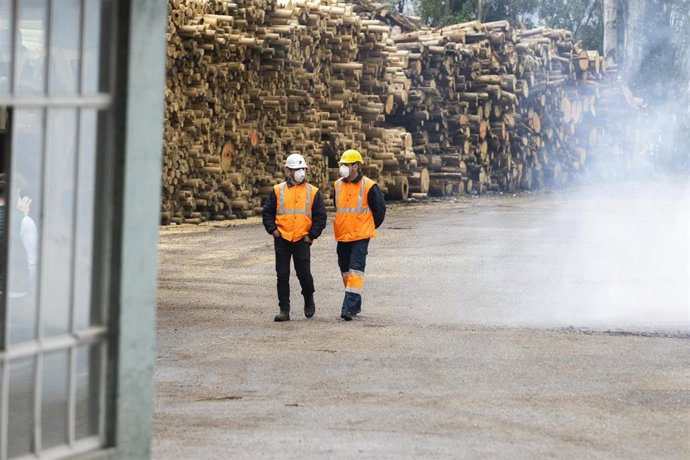 Dos vigilantes caminan por la antigua fábrica de Pontesa, a 7 de noviembre de 2022, en Ponte Sampaio, Pontevedra, Galicia (España). El incendio se desató ayer domingo 6 de noviembre en las instalaciones empleadas por el Grupo Nogar para el almacenamient