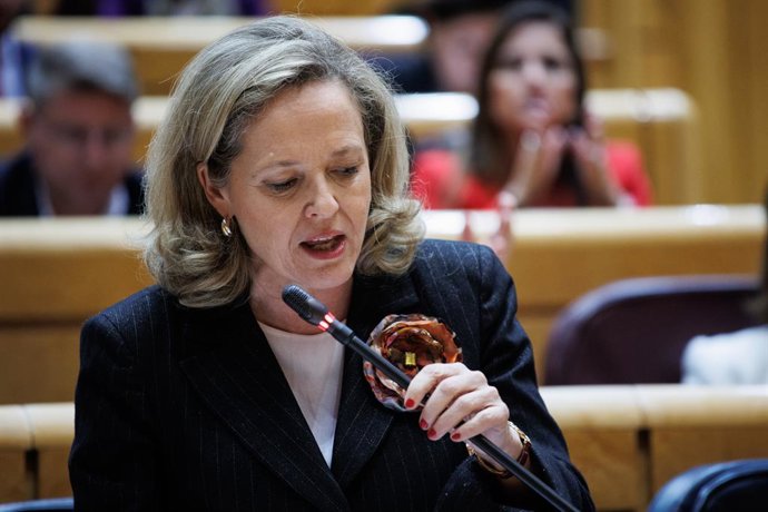 La vicepresidenta primera y ministra de Asuntos Económicos y Transformación Digital, Nadia Calviño, interviene durante una sesión de control al Gobierno en el Senado, a 22 de noviembre de 2022, en Madrid (España). El PP intensifica su ofensiva contra el