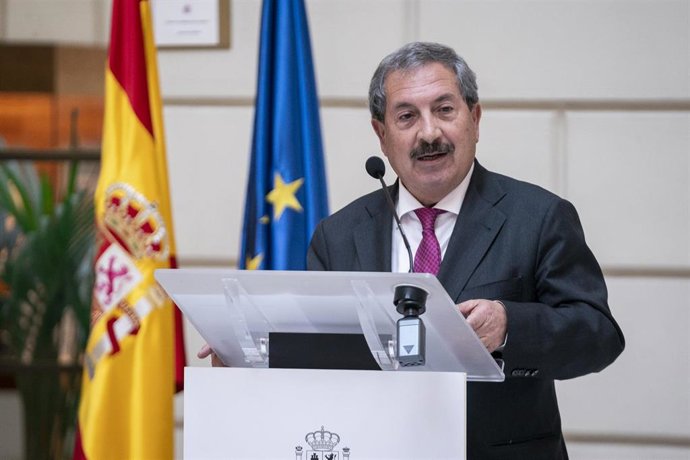 El presidente del Consejo General del Poder Judicial, Rafael Mozo, interviene durante la presentación del Convenio para la investigación eficaz de los delitos contra la vida, la salud y la integridad física de los trabajadores en la Sede de la Fiscalía 