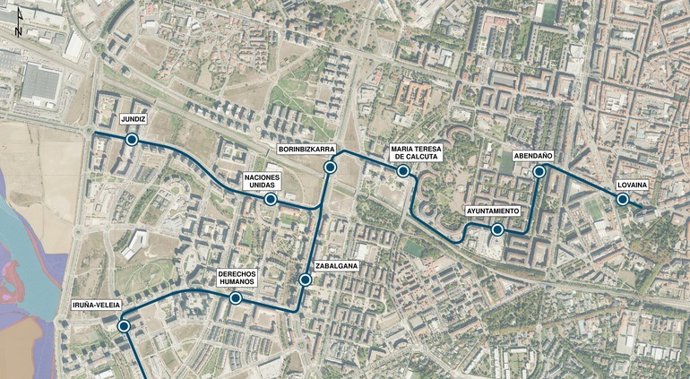 Trazado de la ampliación del tranvía de Vitoria-Gasteiz a Zabalgana