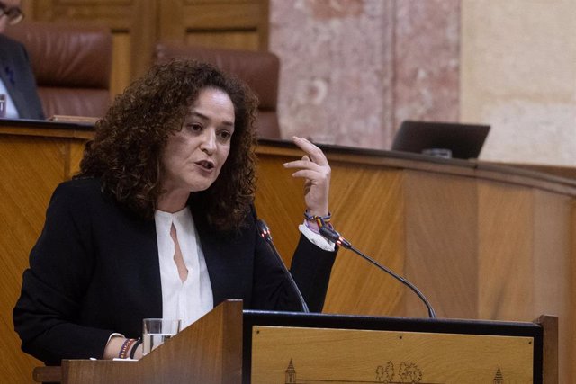 La portavoz parlamentaria de Por Andalucía, Inmaculada Nieto, este miércoles en el Pleno en la defensa de la enmienda a la totalidad al proyecto de Presupuestos de 2023.  