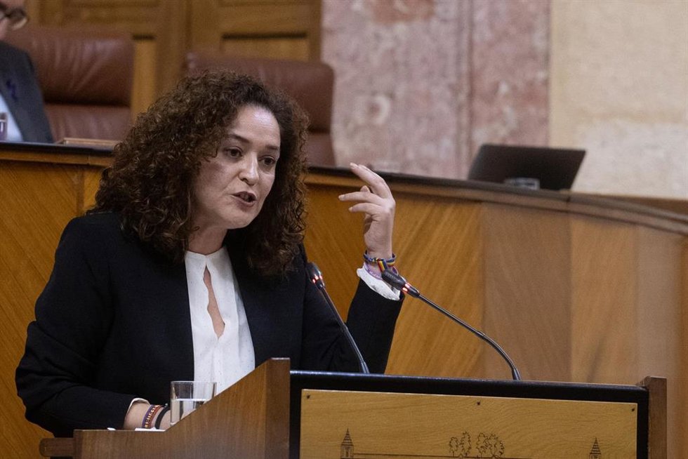 La portavoz parlamentaria de Por Andalucía, Inmaculada Nieto, este miércoles en el Pleno en la defensa de la enmienda a la totalidad al proyecto de Presupuestos de 2023.  