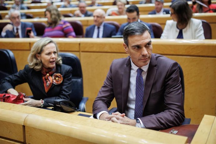 El presidente del Gobierno, Pedro Sánchez, y la vicepresidenta primera y ministra de Asuntos Económicos y Transformación Digital, Nadia Calviño, durante una sesión de control al Gobierno en el Senado, a 22 de noviembre de 2022, en Madrid (España).