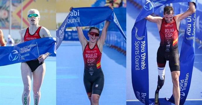 Los paratriatletas españoles Susana Rodríguez, Andrea Miguélez y Dani Molina en el Mundial de Triatlón de Abu Dabi