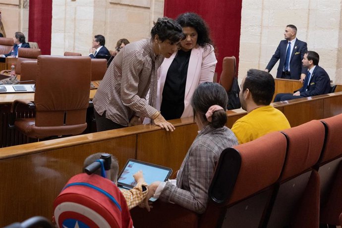 La portavoz del Grupo Mixto María Teresa Rodríqez (i) con las familias de Adrián y Abel, dos niños con enfermedades raras, presentes hoy en la sesión plenaria en el Parlamento de Andalucía.