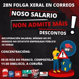 Cartel con las protestas de los trabajadores de Correos en el marco de la huelga del lunes 28 de noviembre de 2022.