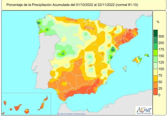 La falta de precipitaciones acumulada en el año hidrológico es del 22 por ciento hasta el 22 de noviembre.