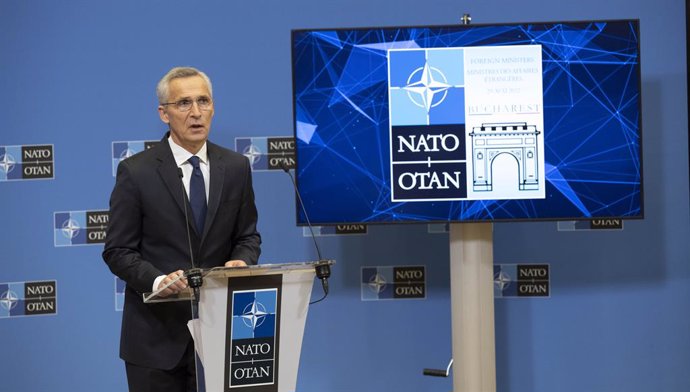HANDOUT - 25 November 2022, Belgium, Brussels: NATOSecretary General Jens Stoltenberg holds a press conference ahead of the NATO Foreign Ministers meetings in Bucharest on 29 and 30 November. Photo: -/NATO/dpa - ATTENTION: editorial use only and only i