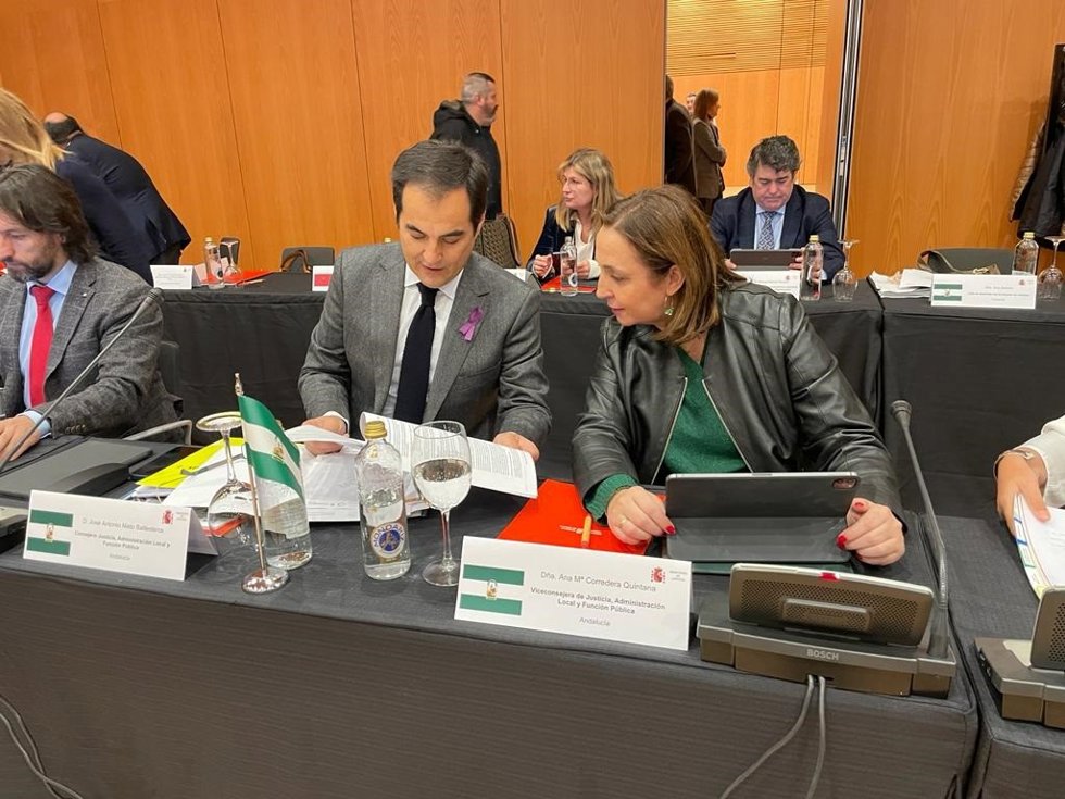 El consejero de Justicia, Administración Local y Función Pública de la Junta de Andalucía, José Antonio Nieto, participa en la Conferencia Sectorial de Justicia en Pamplona.