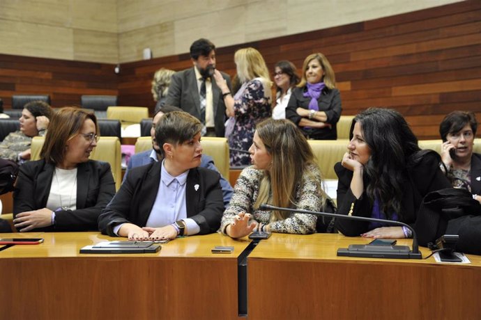 Las portavoces de Igualdad de los cuatro grupos políticos en la Asamblea de Extremadura, en el acto institucional por el 25N, en el que han leído una declaración conjunta.