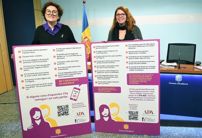 La ministra de Asuntos Sociales, Juventud e Igualdad, Judith Pallarés, y la jefa del área de Políticas de Igualdad, Mireia Porras, en rueda de prensa de este viernes.