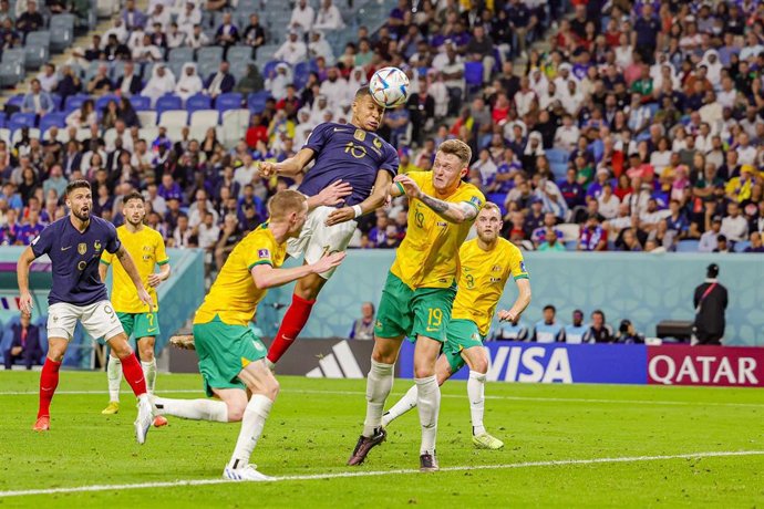 Kylian Mbappe (10) of France scores a goal 3-1 during the FIFA World Cup 2022, Group D football match between France and Australia on November 22, 2022 at Al Janoub Stadium in Al Wakrah, Qatar - Photo Nigel Keene / ProSportsImages / DPPI