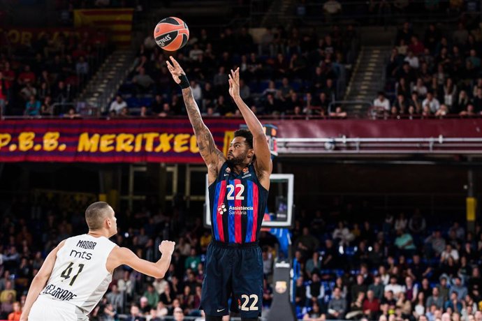 Cory Higgins of FC Barcelona in action during the Turkish Airlines EuroLeague match between FC Barcelona and Partizan Mozzart Bet Belgrade  at Palau Blaugrana on November 22, 2022 in Barcelona, Spain.