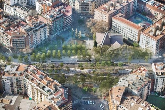 Recreacions virtuals de l'espai central de la plaça de Ferran Reyes i els Jardins de Maria Soteras després de la reurbanització de l'avinguda Meridiana de Barcelona