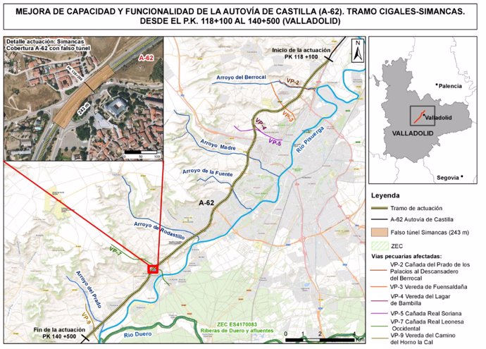 Plano del proyecto para la Mejora de capacidad y funcionalidad de la Autovía de Castilla (A-62). Tramo: Cigales-Simancas.