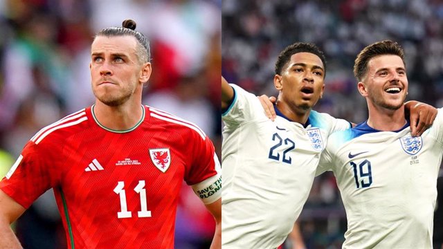 El futbolista galés Gareth Bale (izquierda) y los jugadores ingleses Jude Bellingham y Mason Mount, en el Mundial de Catar.