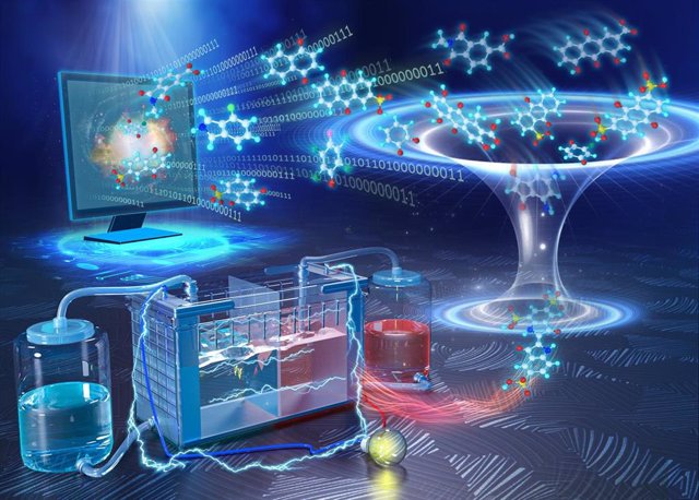 Impresión artística de la investigación de DIFFER sobre 31.618 moléculas con potencial de almacenamiento de energía en baterías de flujo redox.