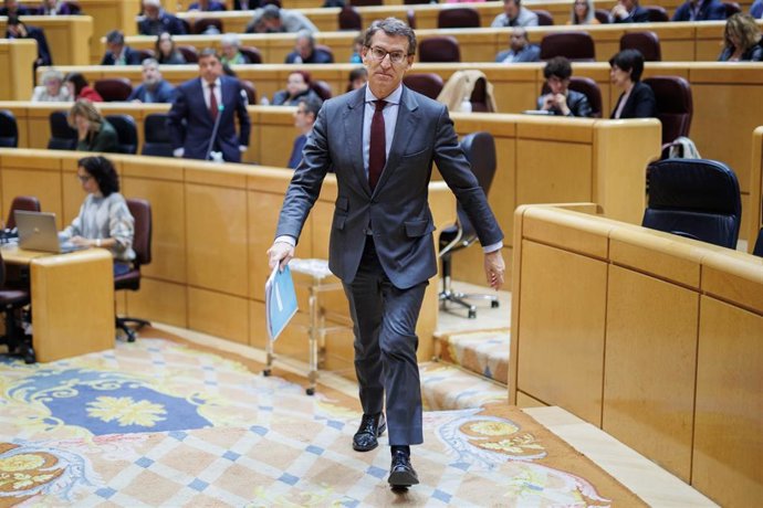 El líder del Partido Popular, Alberto Núñez Feijóo, durante una sesión de control al Gobierno en el Senado, a 22 de noviembre de 2022, en Madrid (España). El PP intensifica su ofensiva contra el jefe del Ejecutivo centrándose en dos de los frentes que t