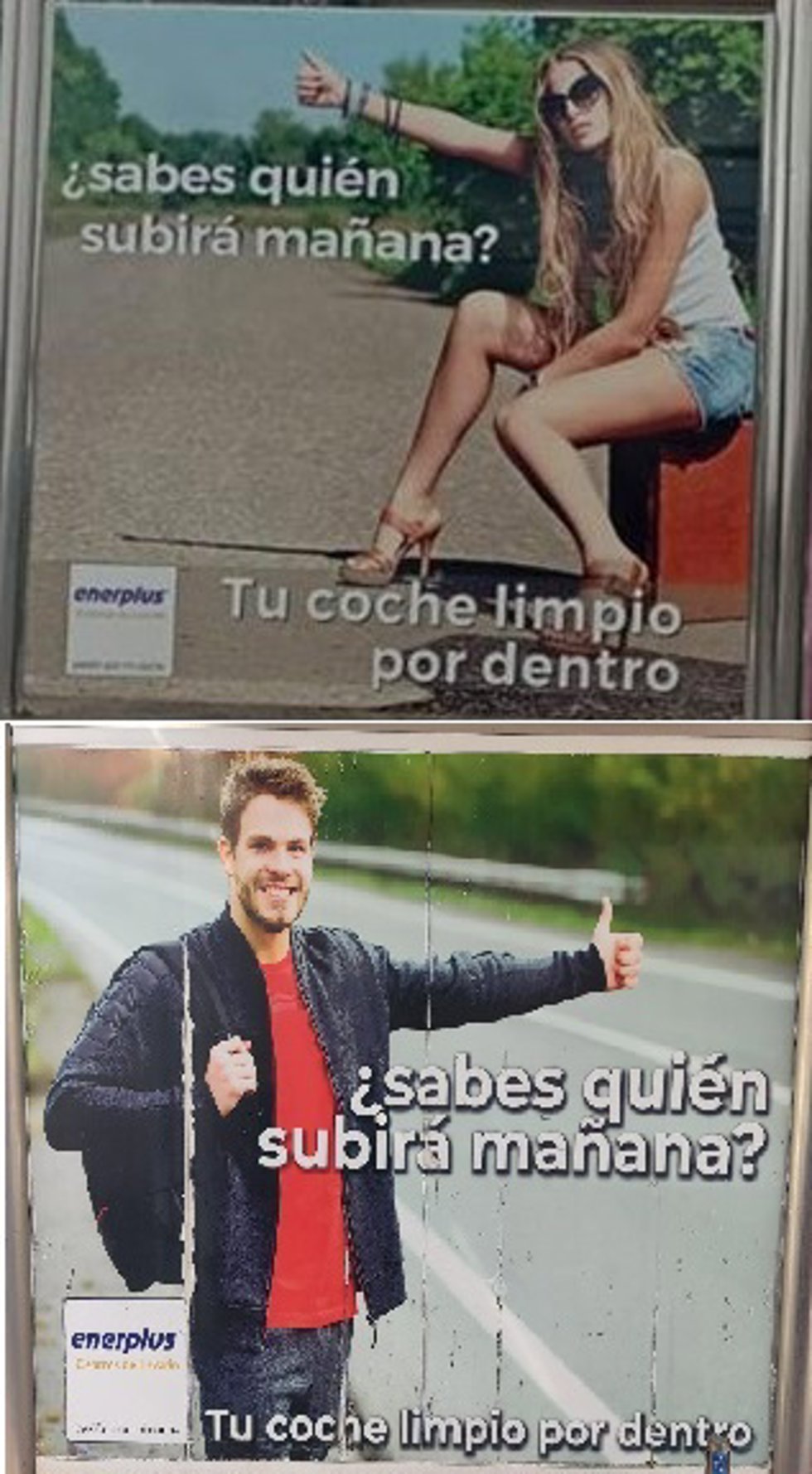 Imagen de la mujer joven denunciada por Facua (arriba) y la del hombre joven (abajo), que Enerplus señala que está en la misma gasolinera.