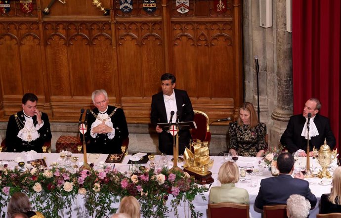 El primer ministro británico, Rishi Sunak, en el banquete de Guildhall, en Londres